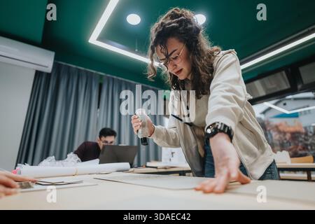 Students at a modern classroom collaborate on a design project during a hands-on workshop Stock Photo