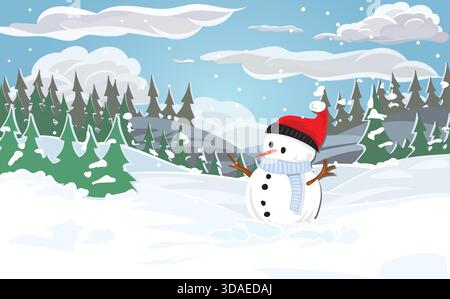 Winter scene with snowman in snowy landscape. Winter holidays or Christmas background for Xmas cards and banners. Stock Vector