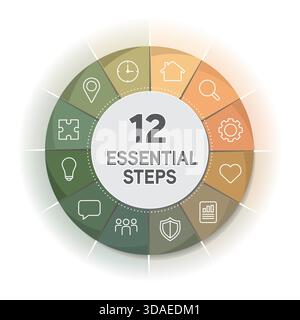 Circular infographic with 12 steps. Round diagram with white generic icons. Natural color theme from yellow to orange to green. Modern pie chart infog Stock Vector