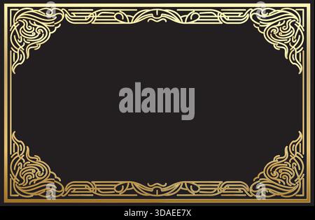 Gold border texture with black background. Elegant golden frame for  business card, wedding or certification backdrop. Ornate golden template. Stock Vector