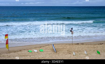 Australian beach with surf boards and warning flags Stock Photo