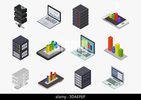 Big data isometric icons illustrated in vector on white background Stock Vector