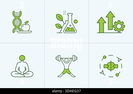 Biohacking icons set with DNA nutrition and wellness concepts Stock Vector