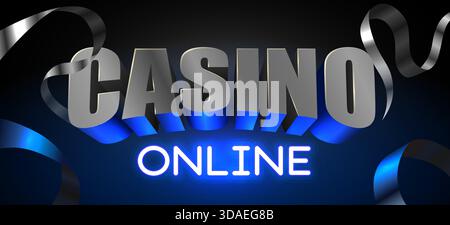 Bright 3D CASINO text with glowing ONLINE lettering on a dark background, accented with elegant ribbons. Ideal for gaming promotions. Vector illustration Stock Vector