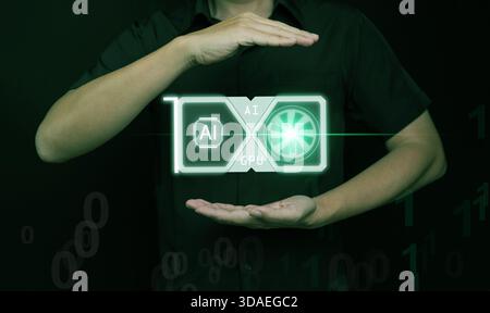 A glowing AI GPU floating between two hands, symbolizing advanced artificial intelligence hardware, high-performance computing, digital display techno Stock Photo
