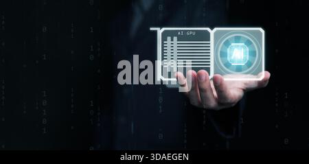 AI GPU concept. A man holds glowing graphics processing unit with artificial intelligence chip. Advanced computing power, high performance display tec Stock Photo