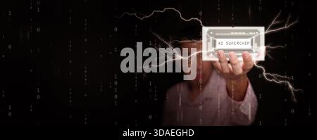 AI superchip held forward by a man with electric energy and floating binary code, Advanced computing for large-scale Ai, and high-performance processi Stock Photo
