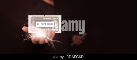 Futuristic AI superchip on a man hand. Advanced computing for large-scale artificial intelligence, machine learning, big data, supercomputer, high spe Stock Photo