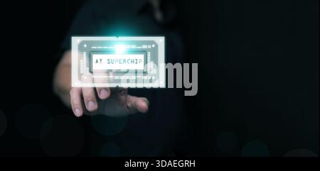 A man taps on glowing AI superchip. Advanced computing for large-scale artificial intelligence, machine learning, big data, supercomputer, high speed Stock Photo