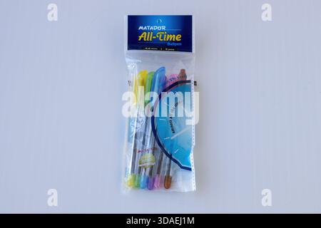Matador All-Time ballpen (0.6mm), 6-pack in assorted colors, sealed in the manufacturer's plastic packet. Essential tools for writing, drawing, and of Stock Photo