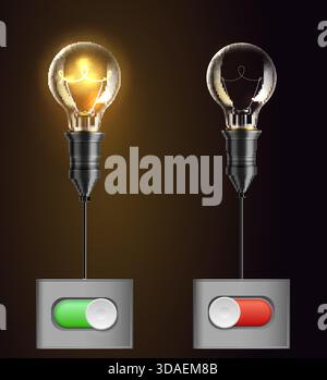 Realistic switches for turning on and off retro light bulb. Electric toggle for illumination control. Glowing room lamp. Electrical equipment button. Stock Vector