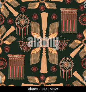 Knitted items made of threads or ropes. macrame seamless pattern. Folk art. Indian ornaments. Craft dream catchers. DIY accessory. Repeated print. Boh Stock Vector