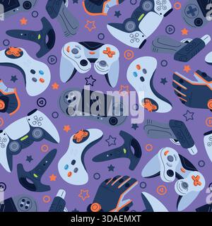 Game consoles seamless pattern. Joysticks for playing computer games. Wireless control gloves. Arcade joypads. Gamers joypad gadgets. Video gaming con Stock Vector