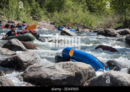 Boy Scouts pack rafting the Middle Fork Flathead River, Montana, USA. Stock Photo