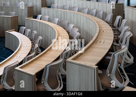 Bangkok,Thailand - 18 Oct, 2025 - Characterized by its distinctly modern, minimalist design and semi-circular, tiered seating, this auditorium provide Stock Photo