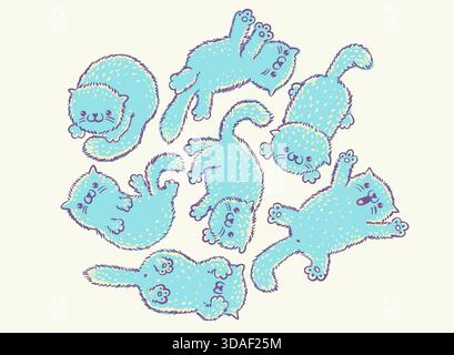 Vector illustration of cute kawaii cats. Vector cats for kids design. Stickers of kitty cat. Stock Vector