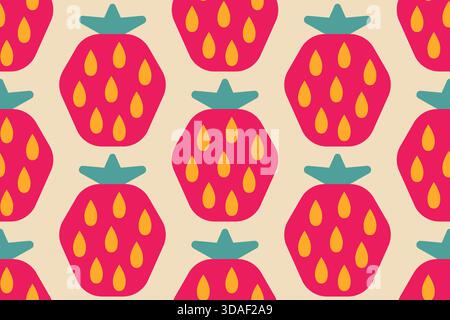 Vector seamless pattern of strawberry in retro geometric style. Retro pattern of strawberries. Stock Vector