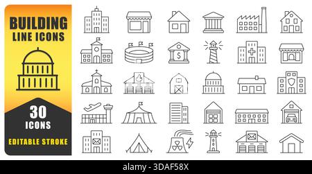 Building Line Icon Set Showcasing Clean, Modern, And Versatile Outline Designs For Architecture, Urban Planning, And Construction Projects, Perfect Fo Stock Vector