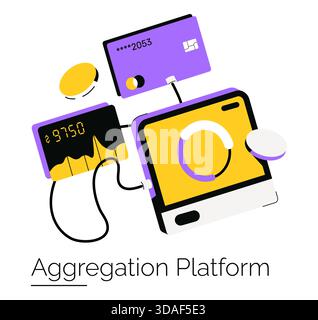 Vector illustration of a financial data aggregation platform showcasing credit card connectivity and data visualization elements. Represents integration of financial information into a coherent system. Stock Vector