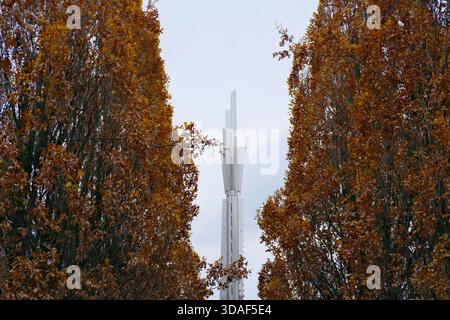 Tall metal monument centered between rows of autumn-colored trees, paved pedestrian path below, fallen leaves on ground, overcast daylight, urban park Stock Photo