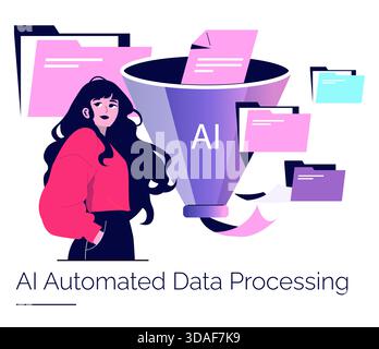 Vector illustration depicting AI automated data processing with documents funneling into a system. A woman stands confidently, symbolizing innovation and technology integration. Stock Vector