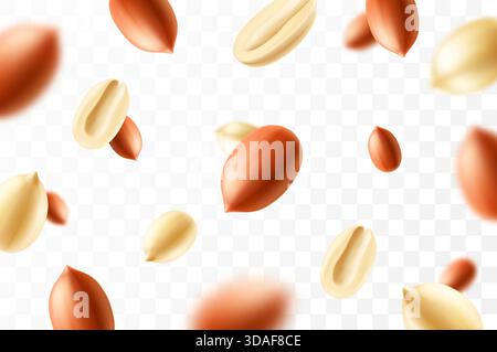Falling peanuts, isolated on transparent background, selective focus. Flying peanut with blurry effect. Can be used for advertising, packaging, banner Stock Vector