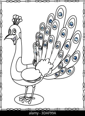 Beautiful Peacock Coloring Page For Kids And Adults. Majestic Bird Line Art, Kids Printable Art. Stock Vector