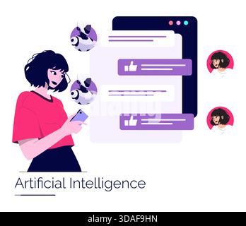 Vector illustration of a woman interacting with AI on her smartphone, showing digital connections. The design emphasizes artificial intelligence and modern communication technology concepts. Stock Vector