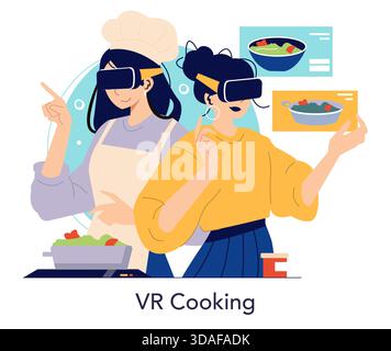 Two people are using virtual reality headsets to explore cooking techniques with interactive displays. The vector illustration captures the innovative use of VR in culinary education. Stock Vector
