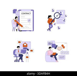 Set of vector illustrations showing business operations: contract signing, candidate selection, email sending, and virtual handshake. Ideal for business, communication, and teamwork themes. Stock Vector