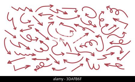Red hand drawn arrows collection. Set of Various of thin lines organic arrows. Hand drawn minimalist arrows. Arrows simple sketch for business plans Stock Vector