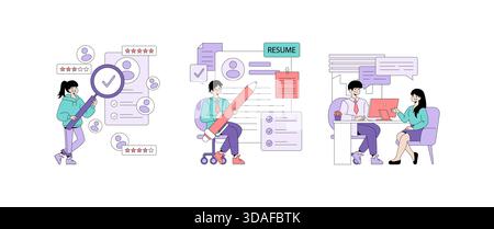 Vector illustration depicting a woman evaluating resumes, a man preparing a resume, and two people discussing a job interview. The scene conveys the process of job recruitment. Stock Vector