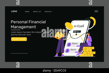 Vector illustration depicting a personal financial management app on a smartphone screen. Two people observe financial data, including graphs and currency symbols, emphasizing financial planning. Stock Vector