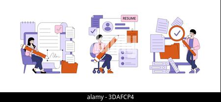 Vector illustration depicting people actively engaged in the job application process. Includes writing, editing resumes, and organizing documents, showcasing the creative approach to job hunting. Stock Vector