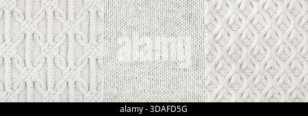 Collage showing different textures of fabric and knitwear in a fashionable color. Demonstrating the colors of 2026 - Cloud Dancer. Banner Stock Photo