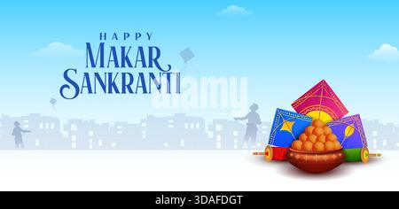 illustration of Makar Sankranti wallpaper with colorful kite for festival of India Stock Vector