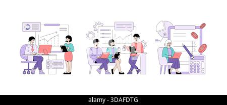 Team of professionals analyzing data, sharing ideas, and planning strategies using technology in an office setting. Vector illustration depicting collaborative teamwork and financial planning. Stock Vector