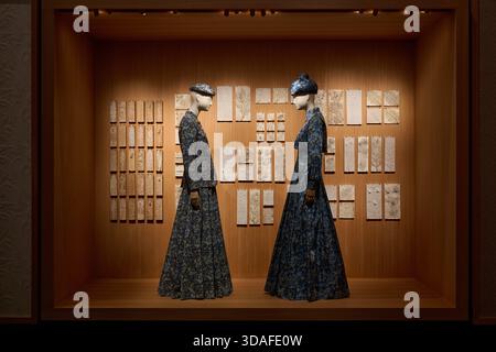 Museum exhibition close-up of blue and cream patterned dress with botanical wall reference tiles Stock Photo