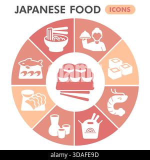 Japanese food symbols collection or sketches, cooking theme bubble with glyph style signs for web and app. Vector graphics isolated on white backgroun Stock Vector