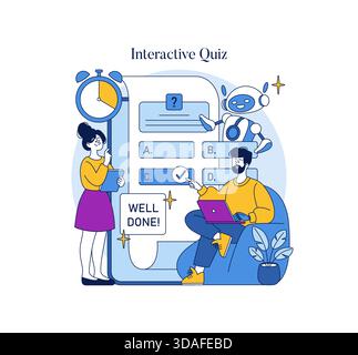 Vector illustration of two people engaging in an interactive quiz. A robot assists as a digital companion. One person selects an answer on a digital screen, while the other observes. Stock Vector