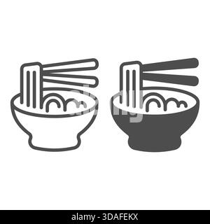 Noodles dish with chopsticks line and solid icon, japanese food concept. Vector graphics. Plate of noodles, vermicelli, spaghetti sign on white backgr Stock Vector