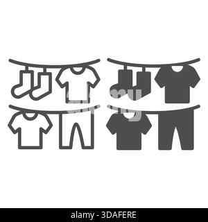 Washed clothes on strings line and solid icon, washing concept. Vector graphics. Clean linen, laundry sign on white background, outline style icon for Stock Vector