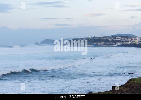View of the stormy sea on the north coast of Sao Miguel Island. Ribeira Grande, Praia do Monte Verde. Sao Miguel Island, Azores Stock Photo