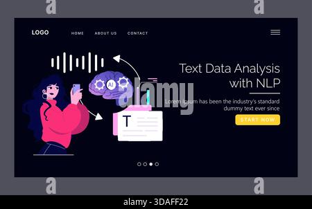 Vector illustration showing a woman interacting with AI for text data analysis using natural language processing. The visual highlights technological concepts in data and AI. Stock Vector