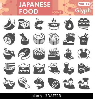 Japanese food symbols collection or sketches, cooking theme with glyph style signs for web and app. Vector graphics isolated on white background Stock Vector