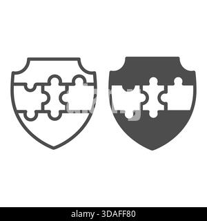 Defense shield and puzzle of logic game line and solid icon, crypto metaverse concept. Vector graphics. Token share, chain safety sign on white backgr Stock Vector