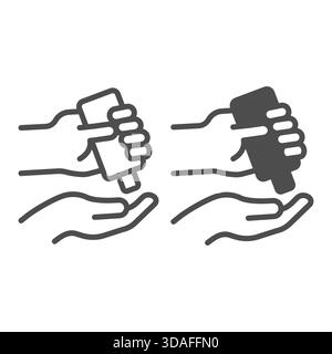 Shampoo bottle in hands line and solid icon, skin hygiene concept. Vector graphics. Bathroom soap, body wash sign on white background, outline style i Stock Vector