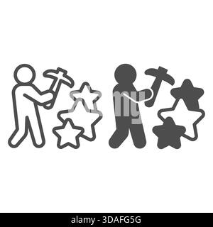 Worker man with pickaxe and stars line and solid icon, crypto metaverse concept. Vector graphics. Crypto miner and game points sign on white backgroun Stock Vector