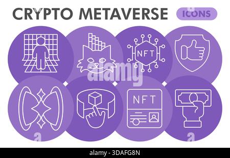 Crypto metaverse symbols collection or sketches, cryptography theme bubble with thin line style signs for web and app. Vector graphics isolated on whi Stock Vector