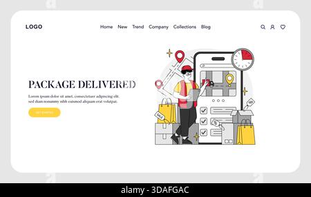 Vector illustration showing a delivery person interacting with a mobile app. Features a map, shopping bags, and clock symbolizing timely package delivery and e-commerce efficiency. Stock Vector